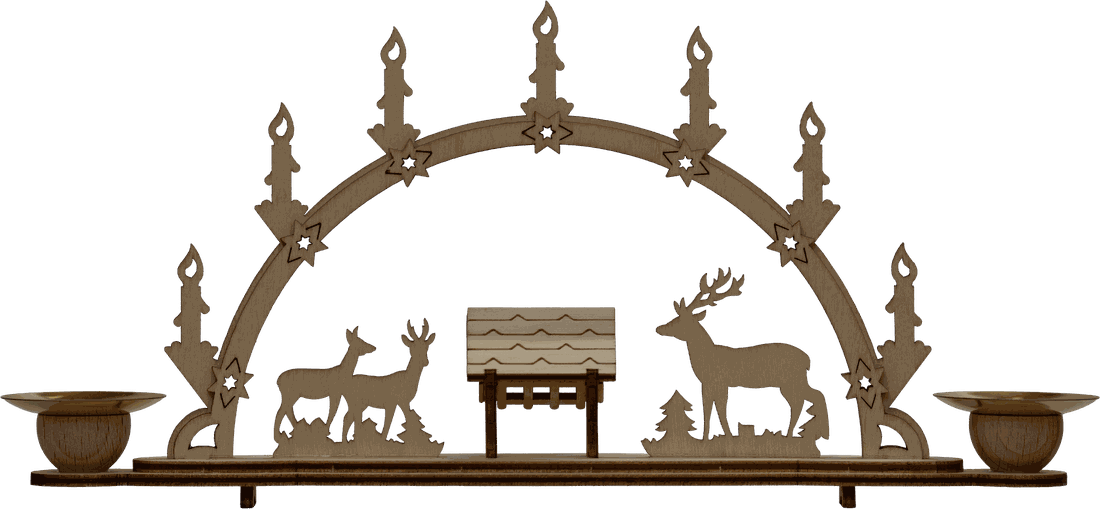 Mini Schwibbogen Groß mit Kerzenhalter Motiv Rehe mit Futterkrippe
